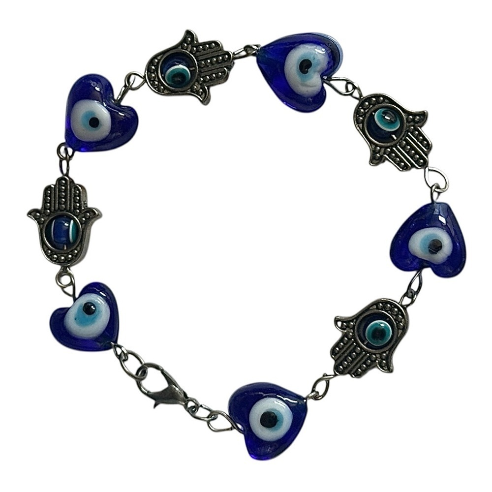 Boutique Charm Bracelet Cobalt Blue Evil Eye Heart Beads Hamsa Hands Silver Tone